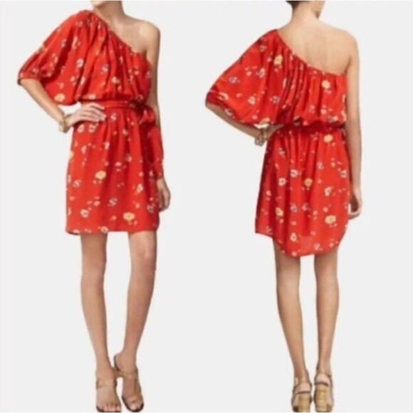 REBECCA TAYLOR Red Floral One Shoulder 100% Silk Flowy Tunic Dress Sz 2 - Picture 1 of 8